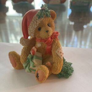Cherished Teddies Christmas Bear with Red Hat and Green Accents